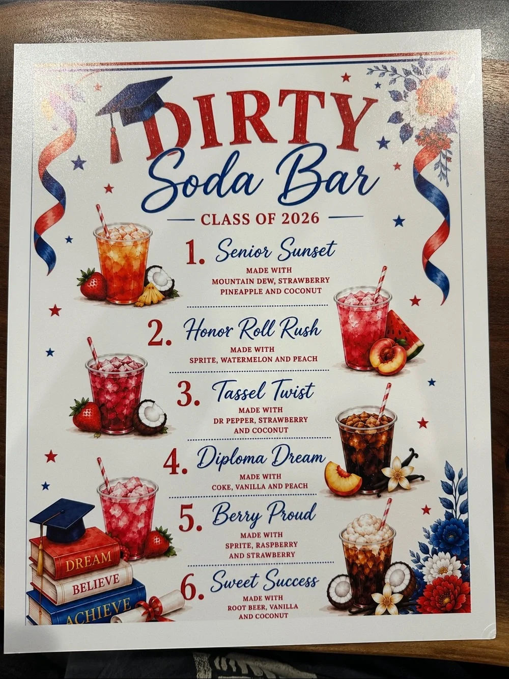 Graduation Dirty Soda Bar Sign - Red, Blue & White